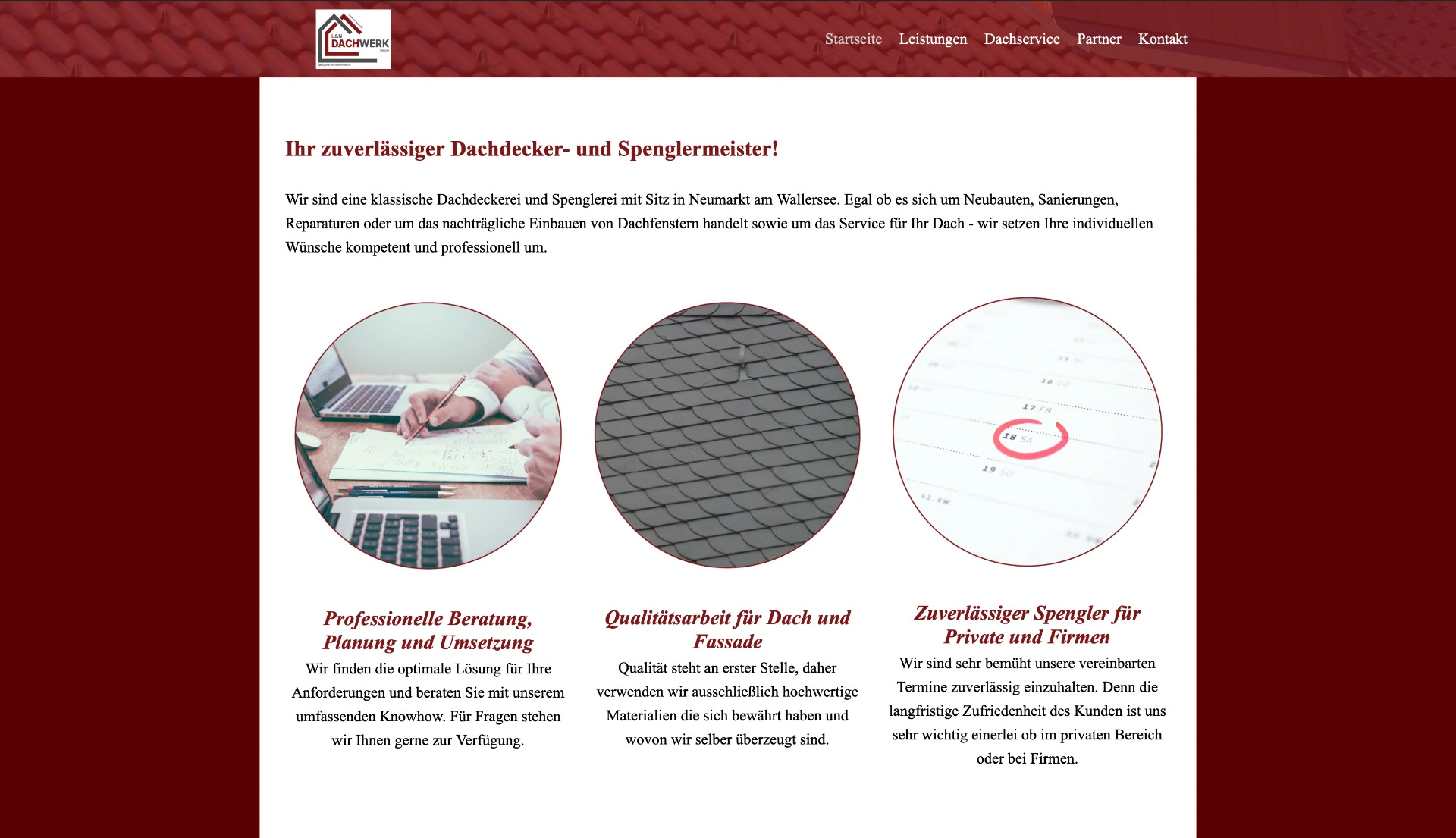 Veralteter Website-Auftritt der L&N Dachwerk GmbH (Vorher)
