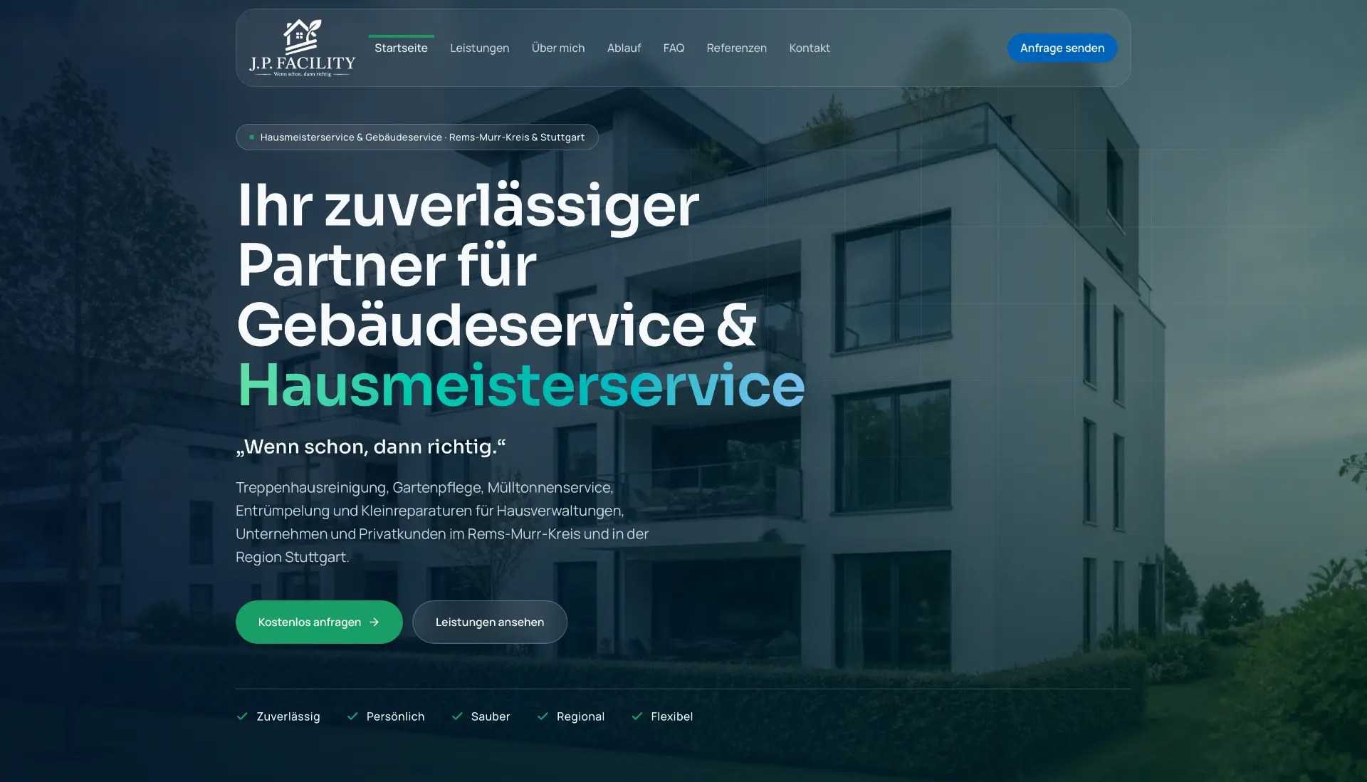 Screenshot der Website von J.P. Facility